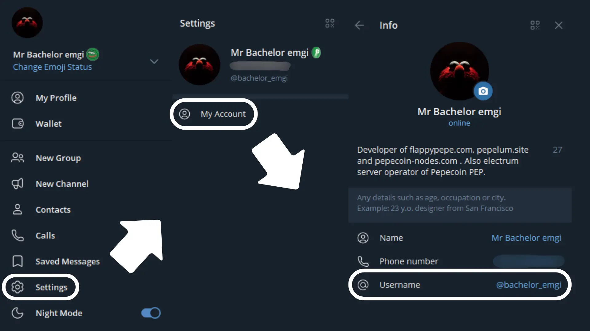 Image showing visually steps how to setup telegram @handle.