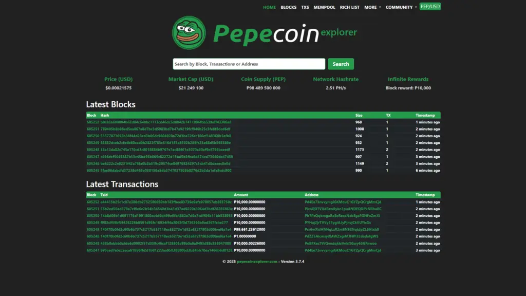 Pepecoin Explorer home page